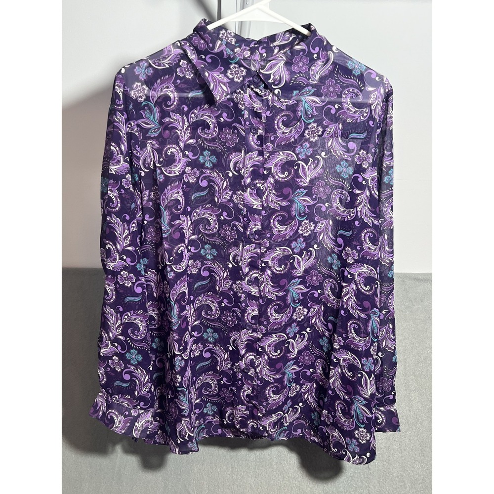 The Paragon Women's L Purple Paisley Floral Sheer Button-Up Blouse Top Long